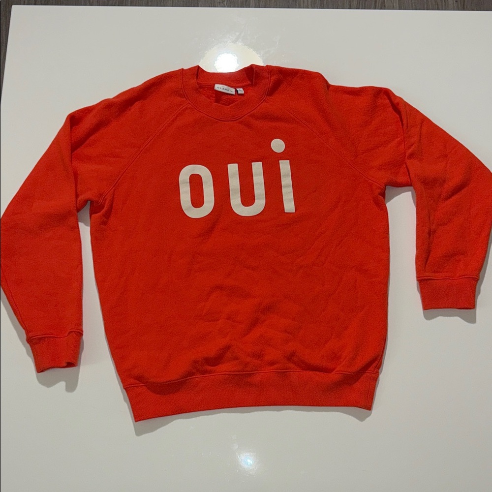 Clare V ORANGE Crewneck Sweater with 'Oui' Print Size S
